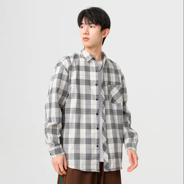 赛瀚 复古港风格子衬衫长袖男款休闲简约翻领衬衣外套秋季厚款百搭舒适亲肤男装宽松上衣显瘦显高少年感通勤高街外穿日系衣服 男女同款