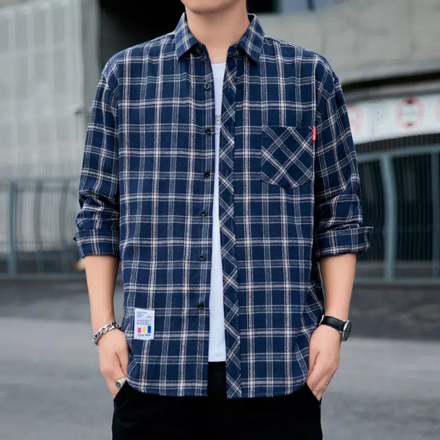赛瀚 复古条纹格子衬衫长袖男款美式高级感休闲百搭港风春秋舒适亲肤男装宽松上衣显瘦显高少年感高街通勤时尚外穿衬衣外套 男女同款