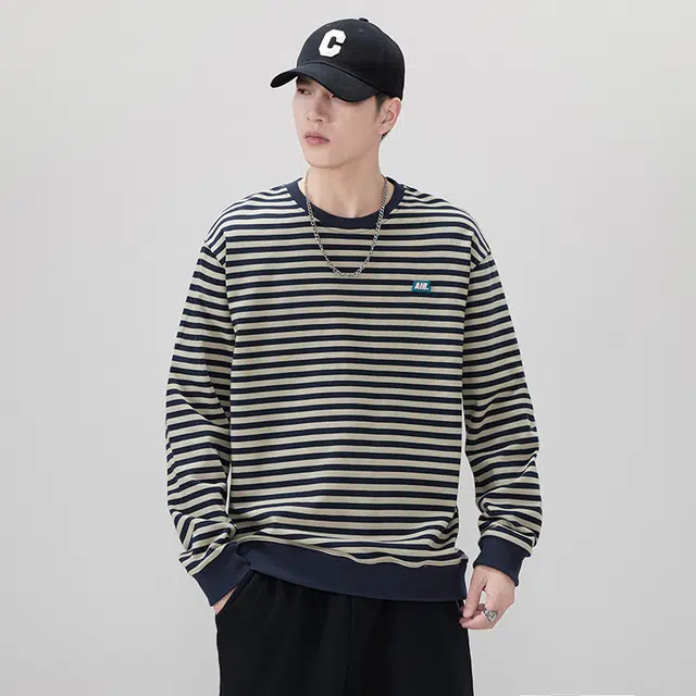 赛瀚 美式圆领卫衣男款高级感条纹休闲时尚秋季厚款百搭舒适亲肤男装上衣宽松显瘦显高青少年高街外穿通勤男士长袖衣服 男女同款