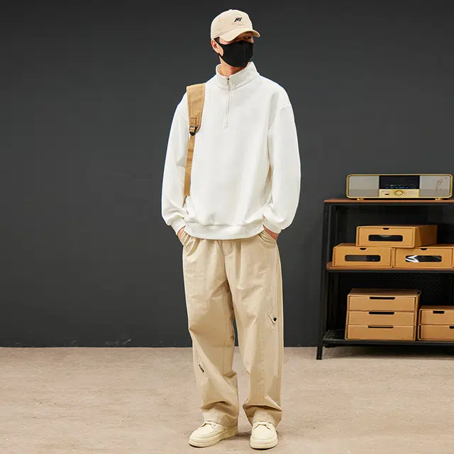 赛瀚 大码外套男生宽松舒适长袖上衣美式潮牌高街风拉链半高领套头纯色设计青少年时尚百搭潮流帅气日常通勤户外运动休闲卫衣 男女同款