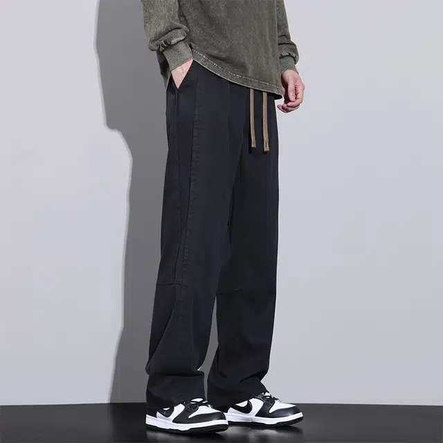 赛瀚 高街宽松直筒休闲裤男款时尚拖地拼接设计版型阔腿长裤春秋厚款百搭舒适亲肤男装显瘦显高青少年潮流通勤外穿松紧腰男裤 男女同款