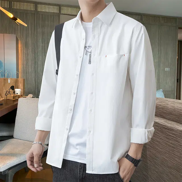 赛瀚 高级感纯色翻领衬衫长袖男款重磅休闲衬衣外套百搭舒适时尚春秋厚款亲肤男装宽松上衣显瘦少年感通勤高街外穿男士衣服 男女同款