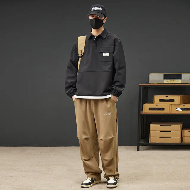 赛瀚 大码体恤男生宽松舒适长袖上衣外套美式潮牌高街风翻领套头口袋徽章设计基础款青少年时尚百搭潮流帅气日常通勤休闲卫衣 男女同款