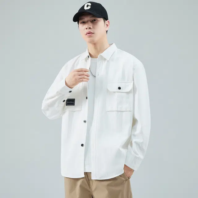 赛瀚 美式高街风纯棉衬衫长袖男款春秋纯色百搭简约日常通勤舒适极肤显瘦显高男装宽松上衣工装外套青少年高级感外穿外搭 男女同款