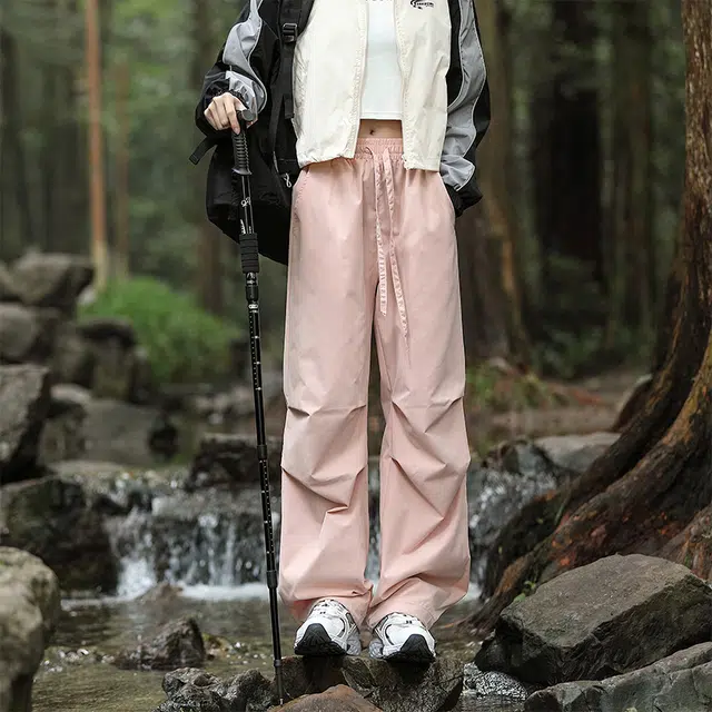 赛瀚 美式高街工装宽松阔腿休闲裤男款秋季厚款百搭舒适亲肤潮流纯色个性抽褶系带户外防风男装长裤显瘦少年外穿男裤 男女同款