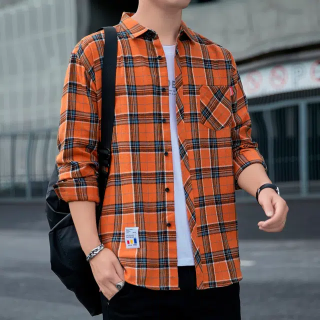 赛瀚 男装格子衬衫长袖宽松上衣时尚港风衬衣休闲外套春秋百搭舒适亲肤显瘦显高潮流少年高街通勤高级感外穿衣服 男女同款