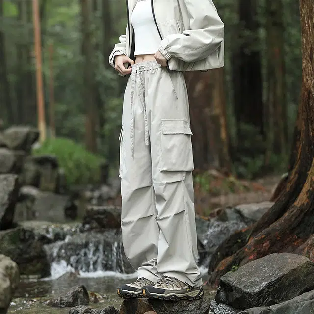 赛瀚 高街工装宽松直筒休闲裤男款秋季户外登山防风抽褶系带阔腿长裤百搭舒适亲肤显瘦显高少年感通勤外穿男裤 男女同款