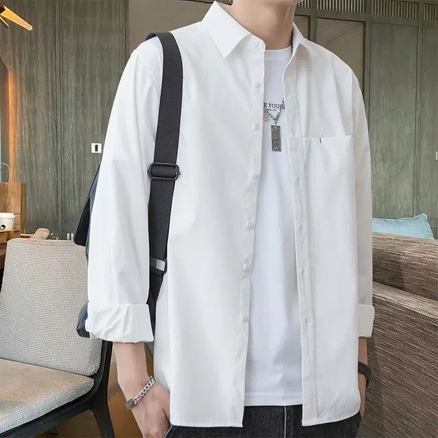 赛瀚 高级感纯色翻领衬衫长袖男款重磅休闲衬衣外套百搭舒适时尚春秋厚款亲肤男装宽松上衣显瘦少年感通勤高街外穿男士衣服 男女同款