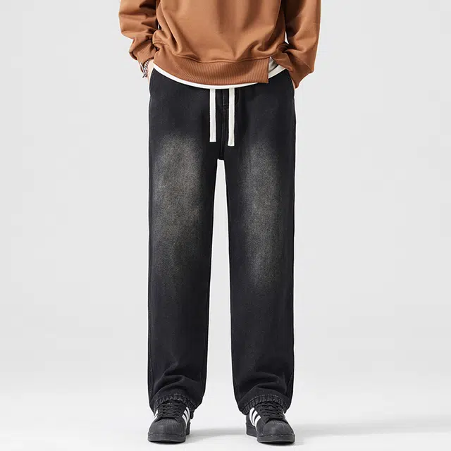 赛瀚 复古水洗阔腿牛仔裤男款美式潮流直筒裤秋季厚款百搭舒适亲肤显瘦显高男装宽松长裤少年感工装高街通勤时尚外穿男裤 男女同款