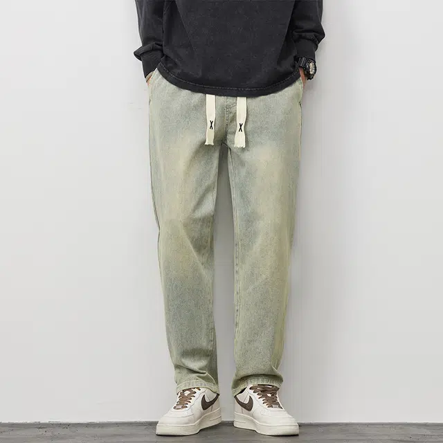 赛瀚 复古直筒牛仔裤男款美式潮流宽松休闲抽绳松紧腰秋季厚款百搭舒适亲肤男装长裤显瘦显高青少年工装高街外穿通勤时尚男裤 男女同款