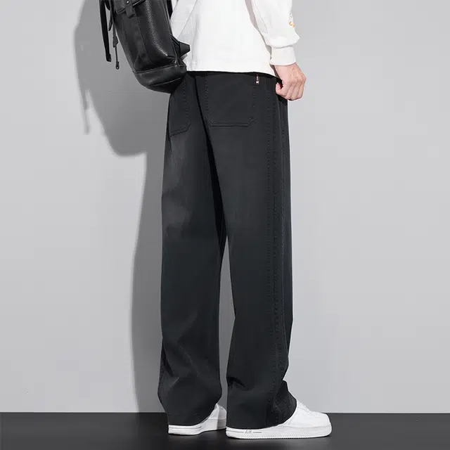 赛瀚 高街风美式阔腿休闲裤男款春秋厚款百搭舒适亲肤男装宽松直筒长裤抽绳松紧腰显瘦显高青少年潮流通勤牛仔裤外穿男裤 男女同款