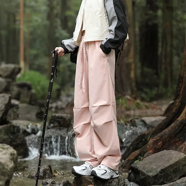 赛瀚 美式高街工装宽松阔腿休闲裤男款秋季厚款百搭舒适亲肤潮流纯色个性抽褶系带户外防风男装长裤显瘦少年外穿男裤 男女同款