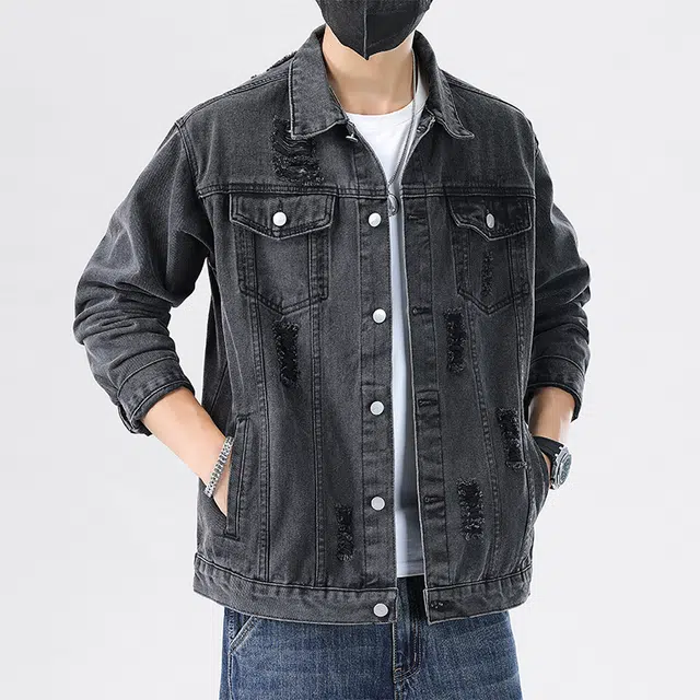赛瀚 破洞休闲夹克男生复古水洗耐磨做旧宽松上衣服男士青少年翻领纽扣多口袋刮烂设计基础款美式潮牌高街风潮流帅气牛仔外套 男女同款