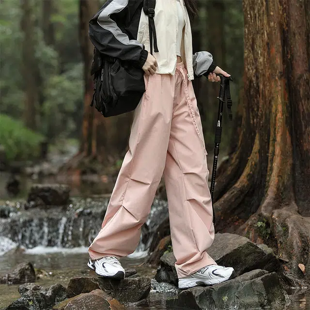 赛瀚 美式高街工装宽松阔腿休闲裤男款秋季厚款百搭舒适亲肤潮流纯色个性抽褶系带户外防风男装长裤显瘦少年外穿男裤 男女同款