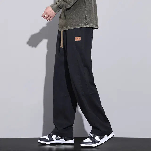 赛瀚 高街宽松直筒休闲裤男款时尚拖地拼接设计版型阔腿长裤春秋厚款百搭舒适亲肤男装显瘦显高青少年潮流通勤外穿松紧腰男裤 男女同款