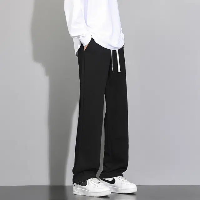赛瀚 高级感潮流纯色阔腿休闲裤男款春秋纯棉百搭简约日常舒适亲肤男装显瘦显高宽松直筒长裤青少年高街潮牌通勤外穿卫裤 男女同款