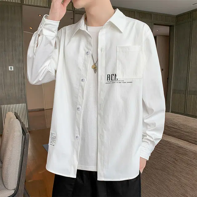 赛瀚 美式潮牌纯色翻领衬衫长袖男款春秋百搭舒适亲肤男装宽松上衣显瘦显高学院风青少年高街通勤时尚外穿外搭衣服 男女同款