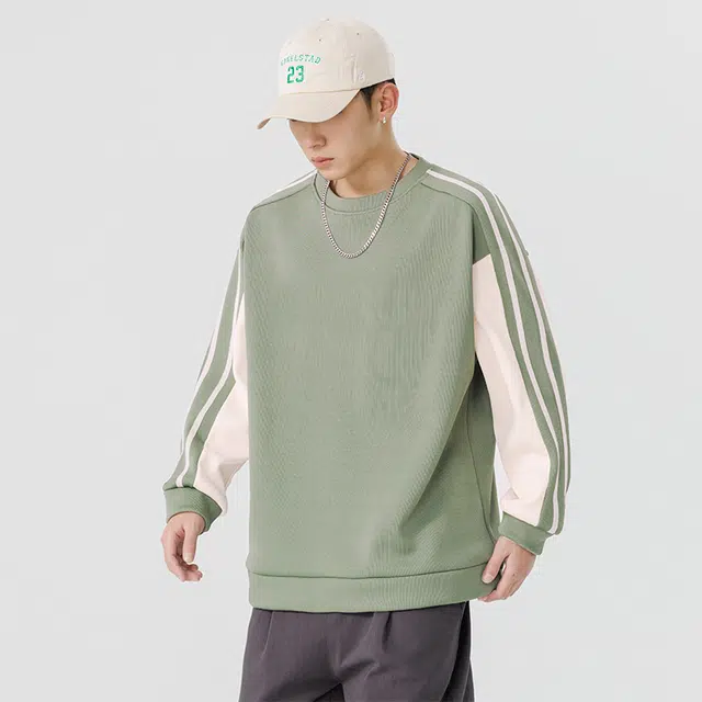 赛瀚 大码体恤男生宽松舒适长袖上衣美式潮牌高街风圆领套头条纹拼接撞色设计基础款青少年时尚百搭潮流帅气日常通勤运动卫衣 男女同款