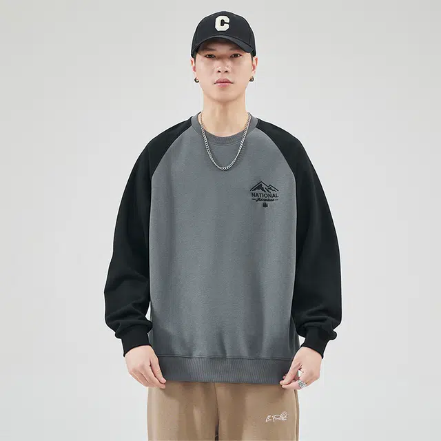 赛瀚 圆领卫衣拼色外套男款重磅美式春秋厚款百搭舒适亲肤男装潮牌宽松休闲上衣显瘦少年高街潮流外穿通勤高级感男士衣服 男女同款