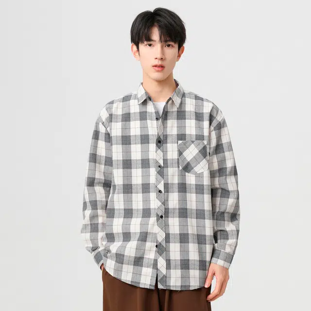 赛瀚 复古港风格子衬衫长袖男款休闲简约翻领衬衣外套秋季厚款百搭舒适亲肤男装宽松上衣显瘦显高少年感通勤高街外穿日系衣服 男女同款