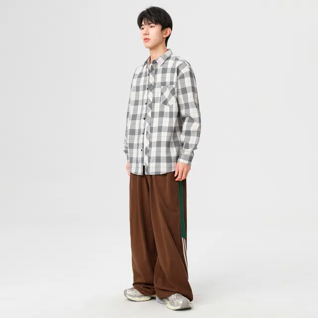 赛瀚 复古港风格子衬衫长袖男款休闲简约翻领衬衣外套秋季厚款百搭舒适亲肤男装宽松上衣显瘦显高少年感通勤高街外穿日系衣服 男女同款