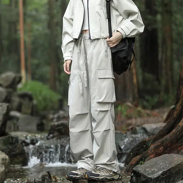 赛瀚 高街工装宽松直筒休闲裤男款秋季户外登山防风抽褶系带阔腿长裤百搭舒适亲肤显瘦显高少年感通勤外穿男裤 男女同款