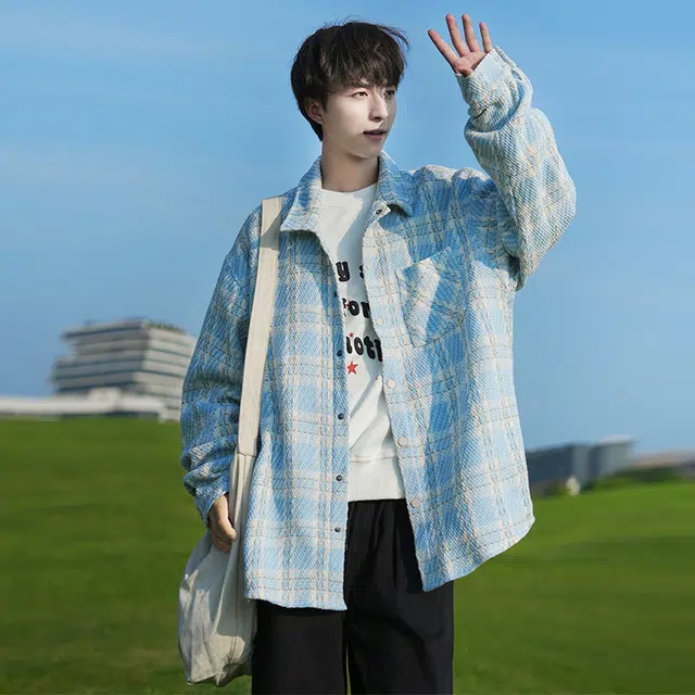 赛瀚 高级感复古小香风夹克外套男款时尚翻领格子衬衣秋季厚款百搭舒适亲肤男装宽松上衣显瘦少年感高街外穿通勤男士衣服 男女同款