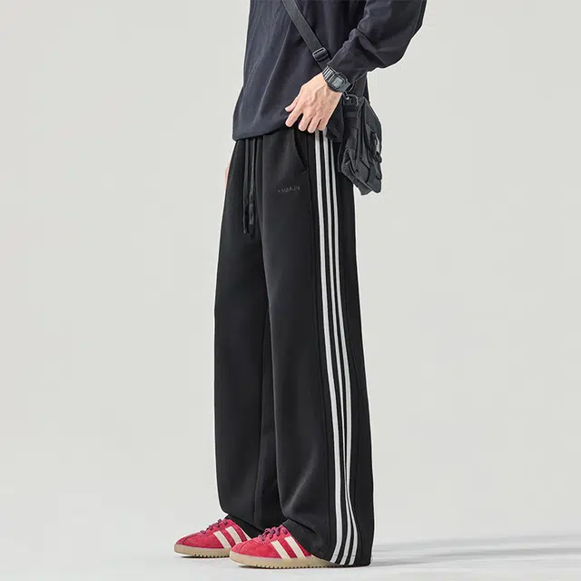 赛瀚 秋冬季百搭宽松直筒美式纯棉条纹卫裤抽绳刺绣字母设计男休闲长裤青少年高街潮流外穿舒适亲肤通勤男裤显瘦显高裤子 男女同款