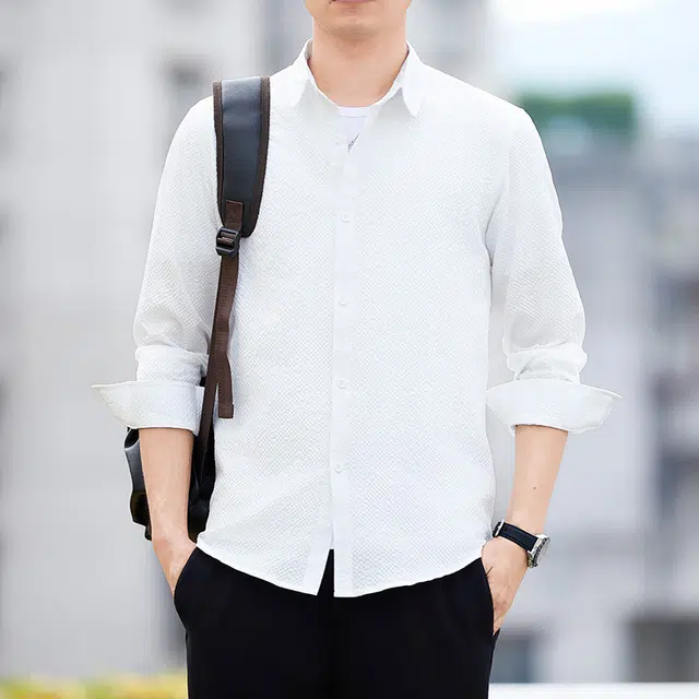 赛瀚 休闲百搭纯色长袖男款轻奢商务翻领日系帅气潮流单排扣上衣服男士青年简约舒适时尚潮牌修身外套男生衬衫 男女同款
