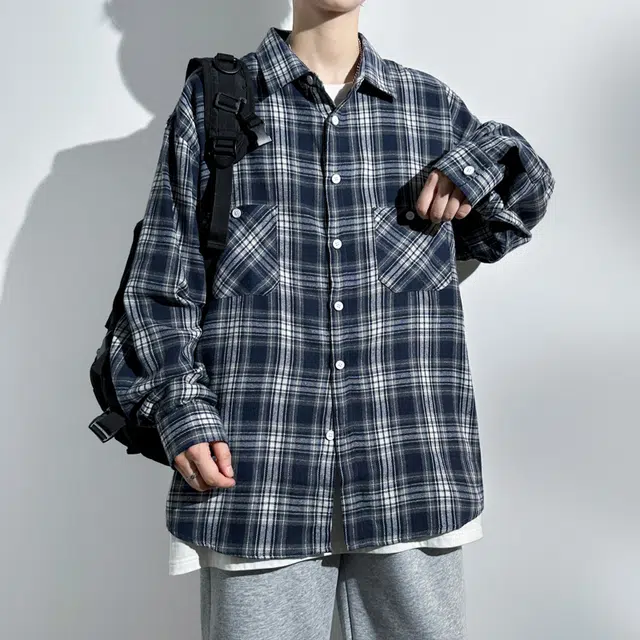 赛瀚 宽松痞帅格子衬衫长袖男款美式时尚休闲工装外套厚款百搭春秋舒适亲肤男装上衣显瘦显高青少年高街通勤外穿衬衣 男女同款