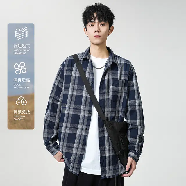 赛瀚 复古格子衬衫长袖男款港风翻领休闲潮牌外套时尚秋季厚款百搭舒适亲肤男装宽松上衣显瘦显高青少年高街外穿通勤男士衣服 男女同款