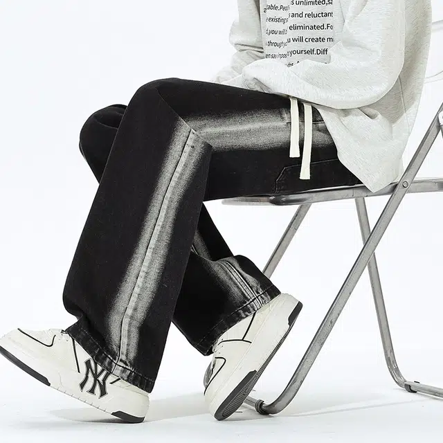 赛瀚 美式高街风渐变水洗磨白宽松直筒复古系绳休闲舒适阔腿潮流通勤百搭潮牌长裤冬季时尚牛仔裤 男女同款