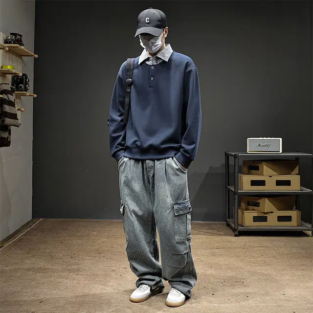 赛瀚 重磅衬衫假两件卫衣百搭款男装秋季舒适亲肤高级感拼接翻领长袖男款上衣宽松显瘦显高青少年高街外穿通勤男生外套 男女同款