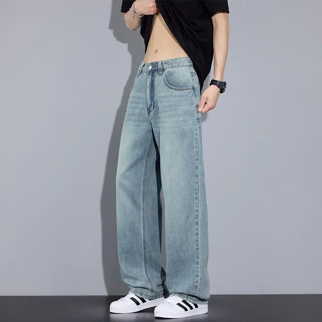 赛瀚 莱赛尔休闲裤美式潮牌高街风复古水洗做旧阔腿长裤子夏季薄款凉感透气拉链纽扣多口袋青少年时尚宽松直筒牛仔裤 男女同款