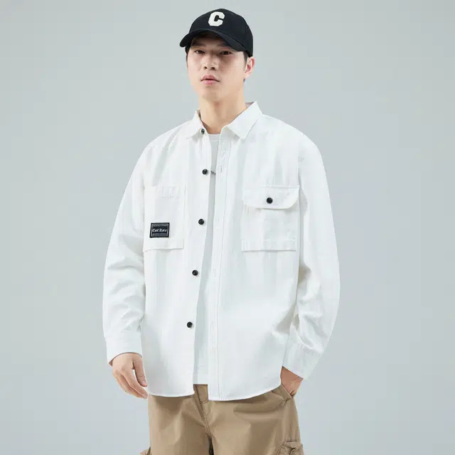 赛瀚 美式高街风纯棉衬衫长袖男款春秋纯色百搭简约日常通勤舒适极肤显瘦显高男装宽松上衣工装外套青少年高级感外穿外搭 男女同款