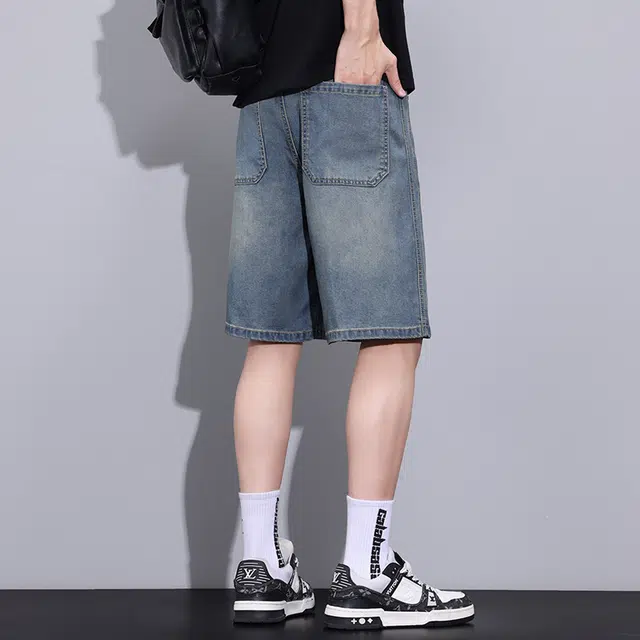 赛瀚 休闲五分薄款透气复古做旧宽松直筒中裤子时尚百搭潮流帅气美式潮牌高街风青少年拉链纽扣牛仔短裤 男女同款