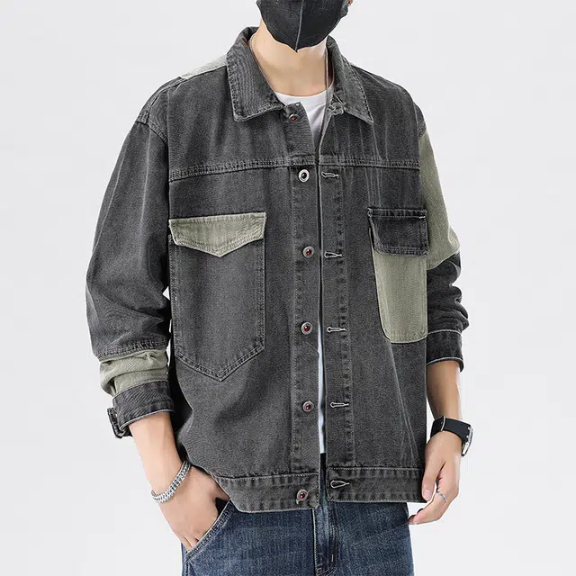 赛瀚 高街帅气水洗夹克男士时尚潮牌外搭翻领上衣服男生青少年拼色贴布简约舒适宽松休闲百搭男美式复古男牛仔外套 男女同款