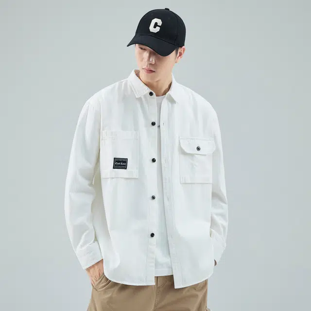 赛瀚 美式高街风纯棉衬衫长袖男款春秋纯色百搭简约日常通勤舒适极肤显瘦显高男装宽松上衣工装外套青少年高级感外穿外搭 男女同款