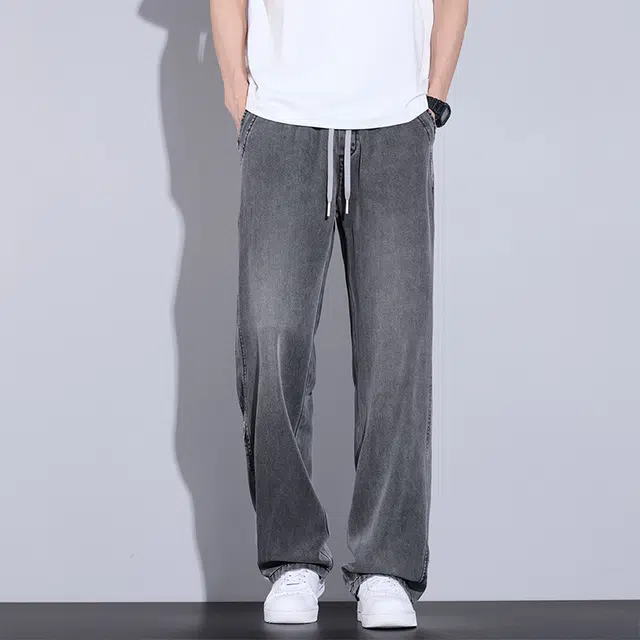 赛瀚 莱赛尔天丝垂顺休闲阔腿裤男生夏季薄款凉感透气舒适宽松直筒长裤子美式潮牌高街风复古水洗抽绳松紧腰多口袋设计牛仔裤 男女同款