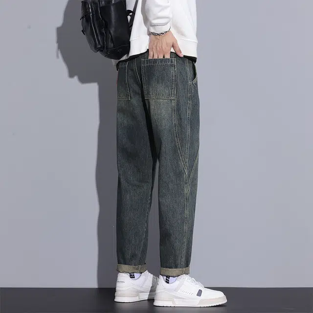 赛瀚 潮牌锥形牛仔裤男款美式潮流休闲直筒哈伦裤拼接设计春秋厚款百搭舒适亲肤男装长裤宽松显瘦显高少年高街通勤外穿男裤 男女同款