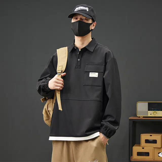 赛瀚 大码体恤男生宽松舒适长袖上衣外套美式潮牌高街风翻领套头口袋徽章设计基础款青少年时尚百搭潮流帅气日常通勤休闲卫衣 男女同款