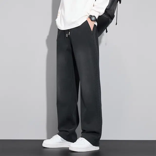 赛瀚 高街风美式阔腿休闲裤男款春秋厚款百搭舒适亲肤男装宽松直筒长裤抽绳松紧腰显瘦显高青少年潮流通勤牛仔裤外穿男裤 男女同款