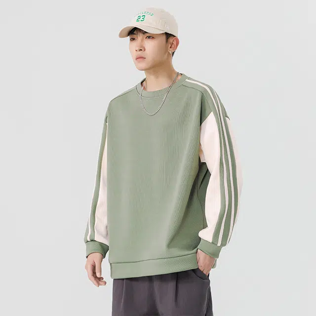 赛瀚 大码体恤男生宽松舒适长袖上衣美式潮牌高街风圆领套头条纹拼接撞色设计基础款青少年时尚百搭潮流帅气日常通勤运动卫衣 男女同款