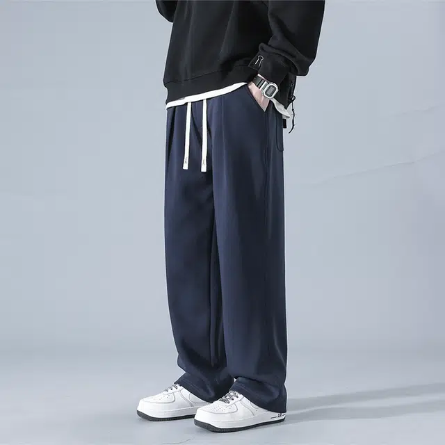 赛瀚 纯棉简约垂感宽松休闲裤男款秋季厚款潮流百搭舒适亲肤男装纯色阔腿长裤显瘦显高青少年学院风高街通勤外穿卫裤 男女同款