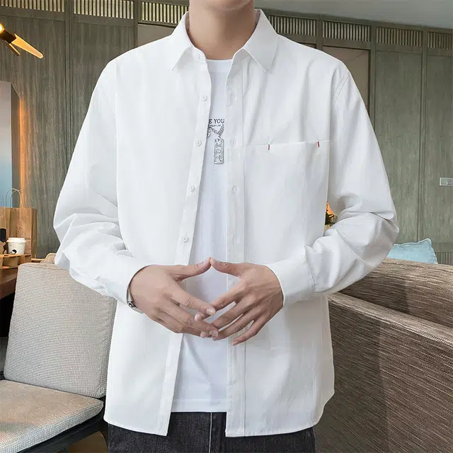 赛瀚 高级感纯色翻领衬衫长袖男款重磅休闲衬衣外套百搭舒适时尚春秋厚款亲肤男装宽松上衣显瘦少年感通勤高街外穿男士衣服 男女同款