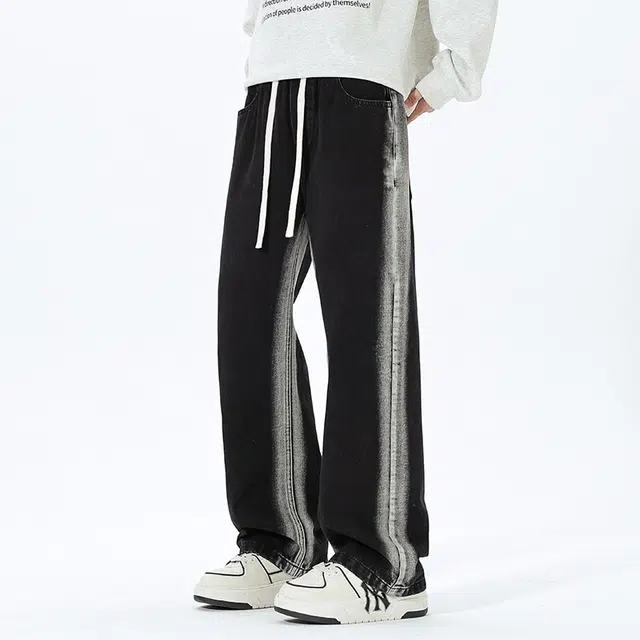 赛瀚 美式高街风渐变水洗磨白宽松直筒复古系绳休闲舒适阔腿潮流通勤百搭潮牌长裤冬季时尚牛仔裤 男女同款