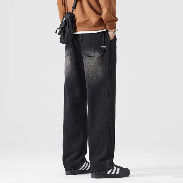 赛瀚 复古水洗阔腿牛仔裤男款美式潮流直筒裤秋季厚款百搭舒适亲肤显瘦显高男装宽松长裤少年感工装高街通勤时尚外穿男裤 男女同款