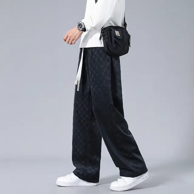 赛瀚 美式复古格子阔腿休闲裤男款春秋厚款百搭直筒舒适亲肤男装宽松垂感长裤显瘦显高少年感高街潮牌通勤外穿男裤 男女同款