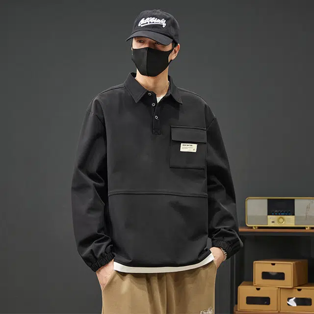 赛瀚 大码体恤男生宽松舒适长袖上衣外套美式潮牌高街风翻领套头口袋徽章设计基础款青少年时尚百搭潮流帅气日常通勤休闲卫衣 男女同款