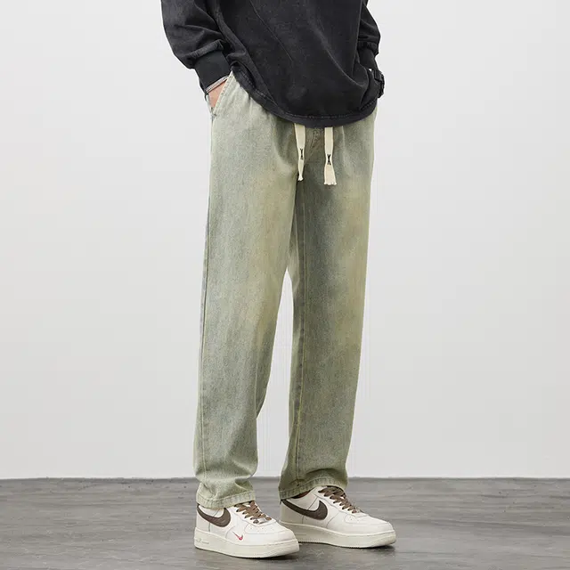 赛瀚 复古直筒牛仔裤男款美式潮流宽松休闲抽绳松紧腰秋季厚款百搭舒适亲肤男装长裤显瘦显高青少年工装高街外穿通勤时尚男裤 男女同款